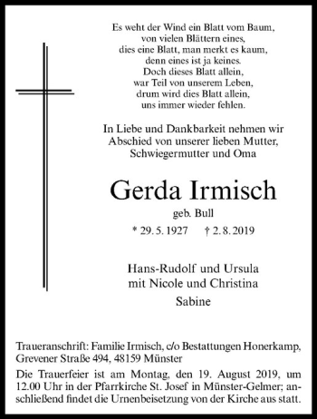 Anzeige von Gerda Irmisch von Westfälische Nachrichten