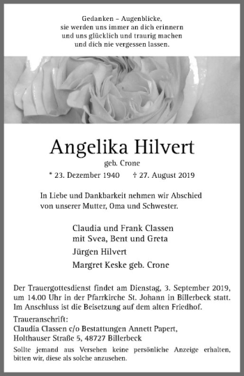 Anzeige von Angelika Hilvert von Westfälische Nachrichten