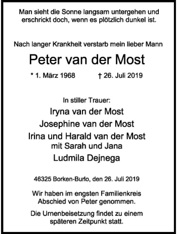 Anzeige von Peter van der Most von Westfälische Nachrichten