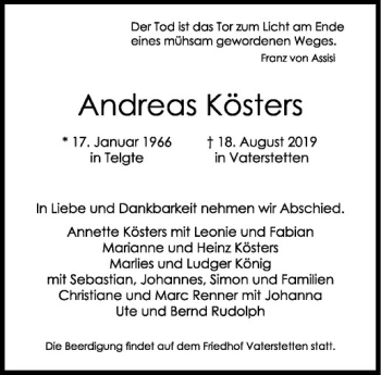 Anzeige von Andreas Kösters von Westfälische Nachrichten