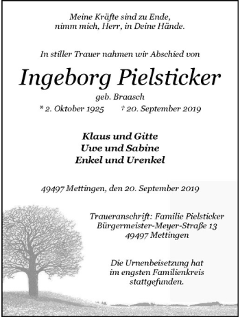 Anzeige von Ingeborg Pielsticker von Westfälische Nachrichten