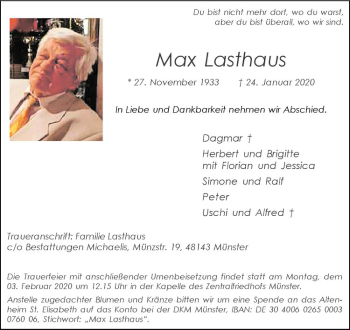 Anzeige von Max Lasthaus von Westfälische Nachrichten