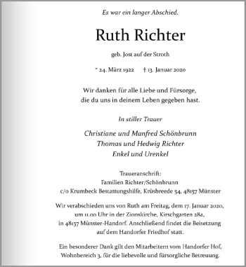 Anzeige von Ruth Richter von Westfälische Nachrichten