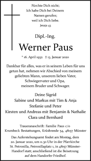 Anzeige von Werner Paus von Westfälische Nachrichten