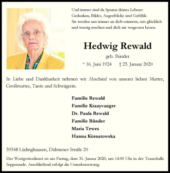 Anzeige von Hedwig Rewald von Westfälische Nachrichten