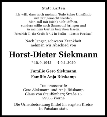 Anzeige von Horst-Dieter Siekmann von Westfälische Nachrichten