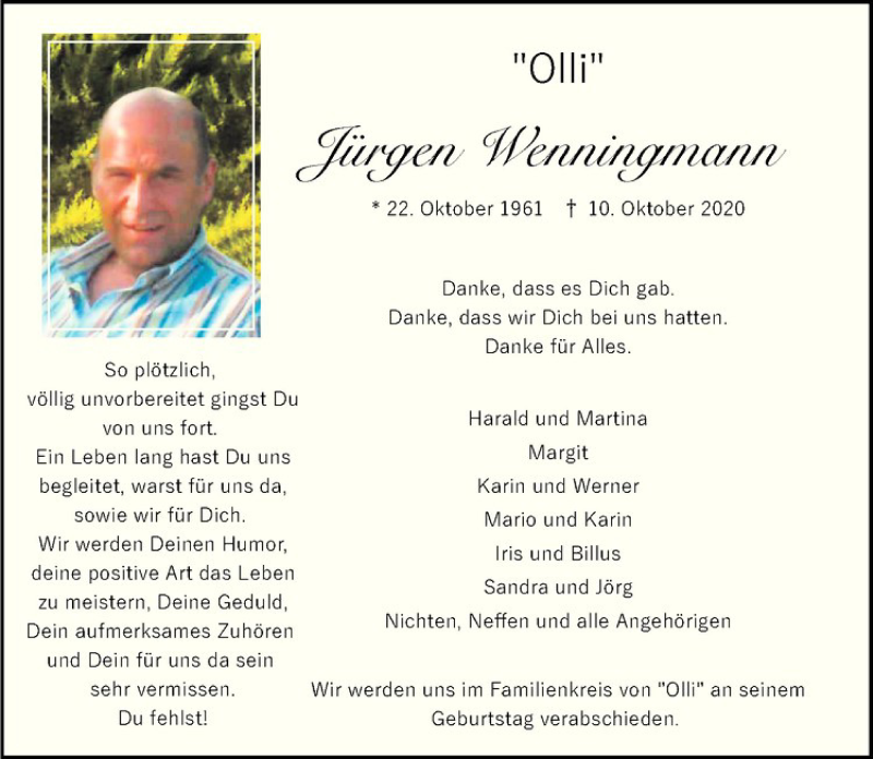  Traueranzeige für Jürgen 