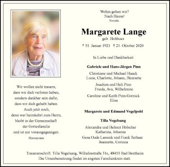 Anzeige von Margarete Lange von Westfälische Nachrichten