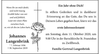 Anzeige von Johannes Langenbrink von Westfälische Nachrichten