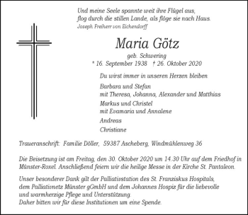 Anzeige von Maria Götz von Westfälische Nachrichten