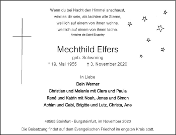 Anzeige von Mechthild Elfers von Westfälische Nachrichten