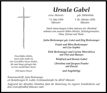 Anzeige von Ursula Gabel von Westfälische Nachrichten