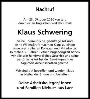 Anzeige von Klaus Schwering von Westfälische Nachrichten