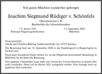 Anzeige von Joachim Siegmund Rüdiger von Schönfels von Westfälische Nachrichten