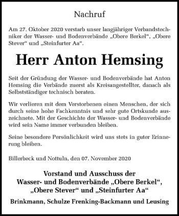 Anzeige von Anton Hemsing von Westfälische Nachrichten