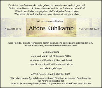 Anzeige von Alfons Kühlkamp von Westfälische Nachrichten