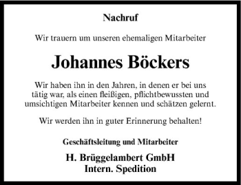 Anzeige von Johannes Böckers von Westfälische Nachrichten