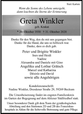 Anzeige von Greta Winkler von Westfälische Nachrichten