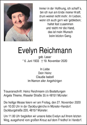 Anzeige von Evelyn Reichmann von Westfälische Nachrichten