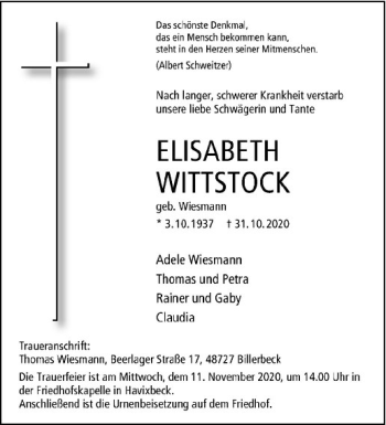 Anzeige von Elisabeth Wittstock von Westfälische Nachrichten