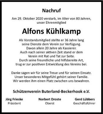 Anzeige von Alfons Kühlkamp von Westfälische Nachrichten