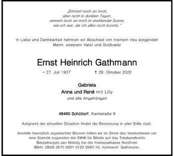 Anzeige von Ernst-Heinrich Gathmann von Westfälische Nachrichten