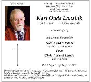 Anzeige von Karl Oude Lansink von Westfälische Nachrichten