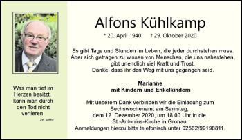 Anzeige von Alfons Kühlkamp von Westfälische Nachrichten