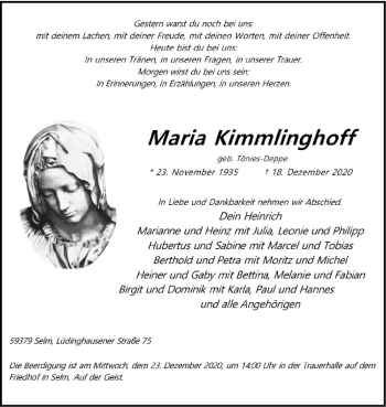 Anzeige von Maria Kimmlinghoff von Westfälische Nachrichten