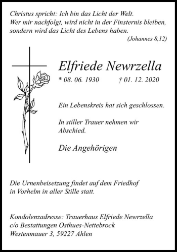 Anzeige von Elfriede Newrzella von Westfälische Nachrichten