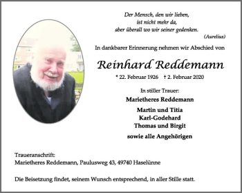 Anzeige von Reinhard Reddemann von Westfälische Nachrichten