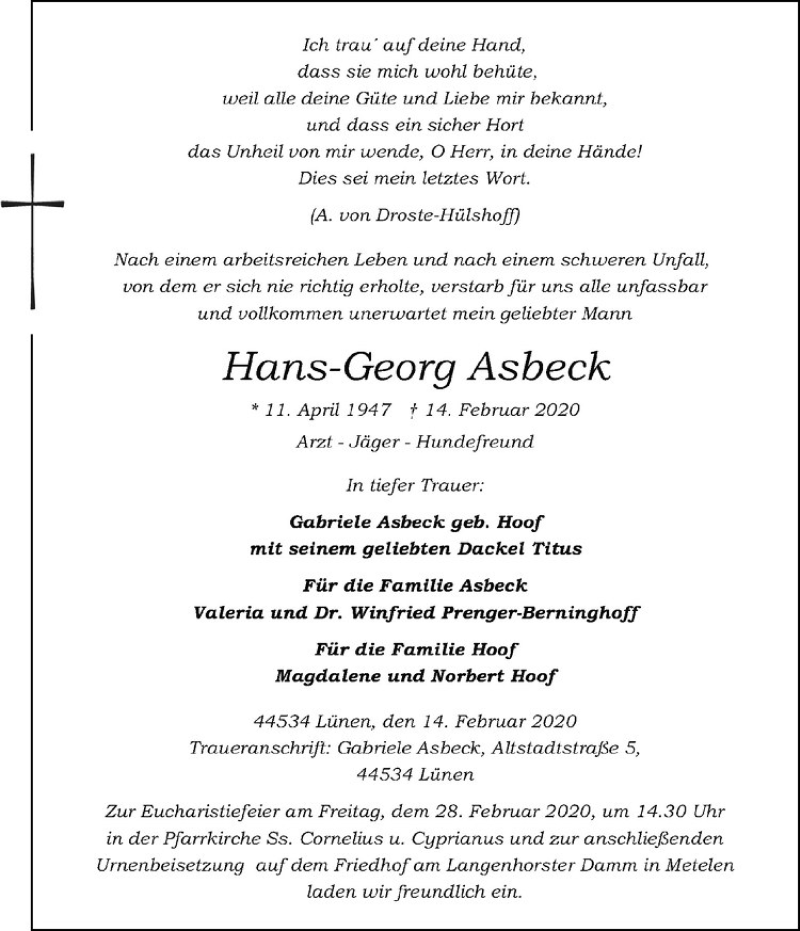  Traueranzeige für Hans-Georg Asbeck vom 22.02.2020 aus Westfälische Nachrichten