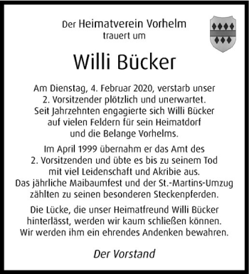 Anzeige von Willi Bücker von Westfälische Nachrichten