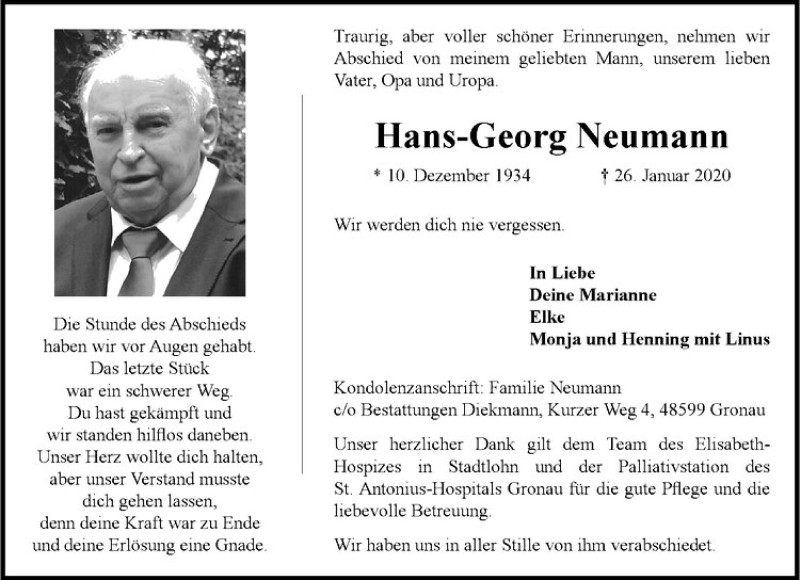  Traueranzeige für Hans-Georg Neumann vom 08.02.2020 aus Westfälische Nachrichten