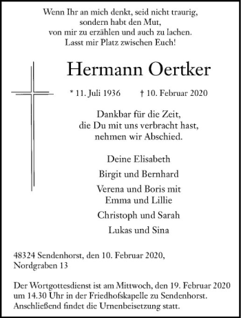 Anzeige von Hermann Oertker von Westfälische Nachrichten