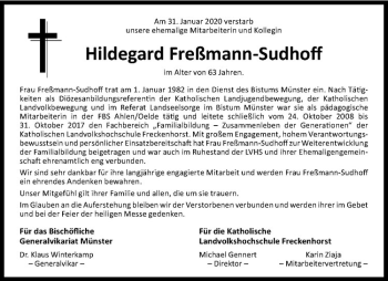 Anzeige von Hildegard Freßmann-Sudhoff von Westfälische Nachrichten