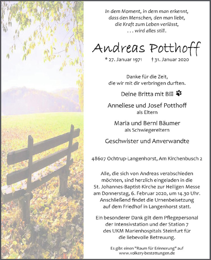  Traueranzeige für Andreas Potthoff vom 03.02.2020 aus Westfälische Nachrichten