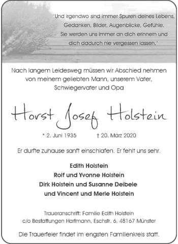 Anzeige von Horst Josef Holstein von Westfälische Nachrichten