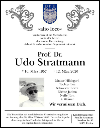 Anzeige von Prof. Dr. Udo Stratmann von Westfälische Nachrichten