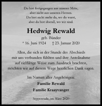 Anzeige von Hedwig Rewald von Westfälische Nachrichten