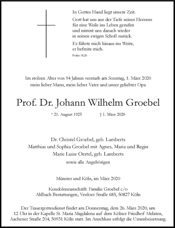 Anzeige von Johann Wilhelm Groebel von Westfälische Nachrichten