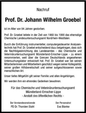 Anzeige von Johann Wilhelm Groebel von Westfälische Nachrichten