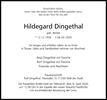 Anzeige von Hildegard Dingethal von Westfälische Nachrichten