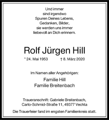 Anzeige von Rolf Jürgen Hill von Westfälische Nachrichten