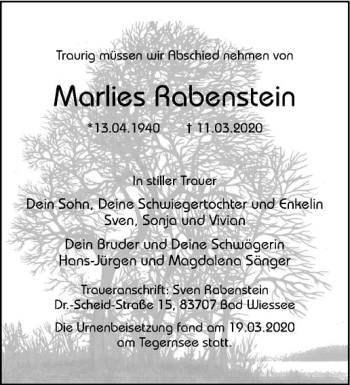 Anzeige von Marlies Rabenstein von Westfälische Nachrichten