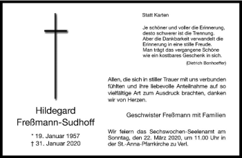 Anzeige von Hildegard Freßmann-Sudhoff von Westfälische Nachrichten