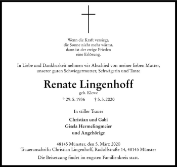 Anzeige von Renate Lingenhoff von Westfälische Nachrichten