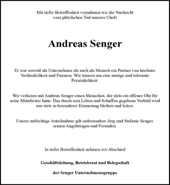 Anzeige von Andreas Senger von Westfälische Nachrichten