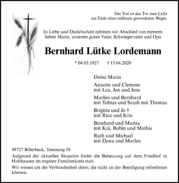 Anzeige von Bernhard Lütke Lordemann von Westfälische Nachrichten