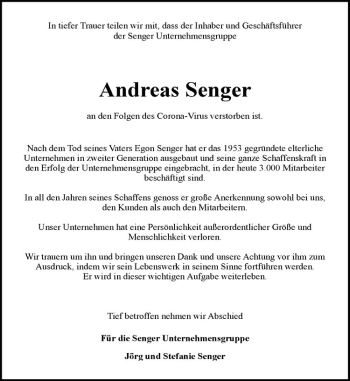 Anzeige von Andreas Senger von Westfälische Nachrichten